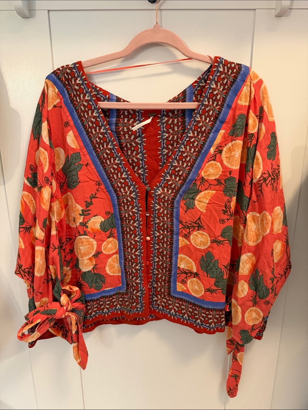 Free People Orange Citrus Print Embroidered V-Neck Tunic
